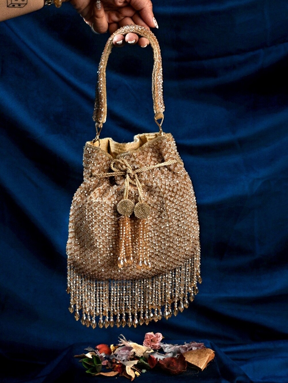 Gold Beaded Drawstring Evening Bag